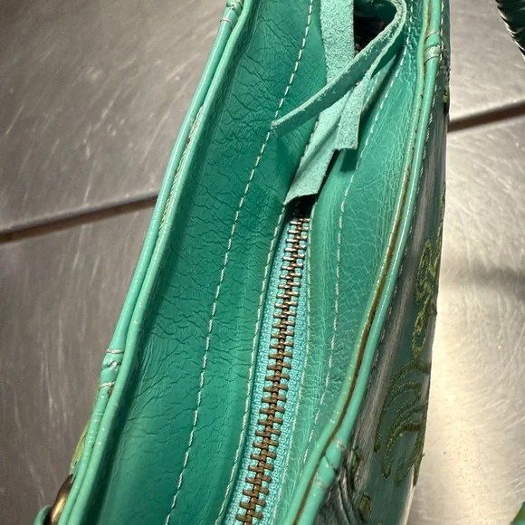 Vintage Consuela Leather Shoulder Tote Bag Teal With Colorful Flower Embroidery - Picture 15 of 16